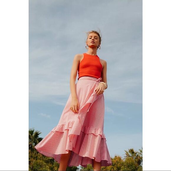 NEW Anthropologie Maeve Penny Ruffled Poplin Striped Wrapped Midi Skirt Medium - Picture 5 of 5
